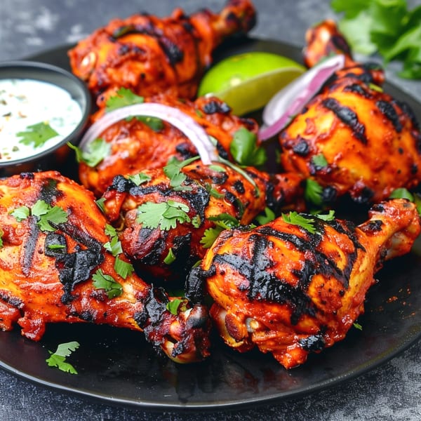 Bombay Kitchen's Tandoori Chicken drumsticks, garnished with cilantro, lime, and red onion, with a side of raita.