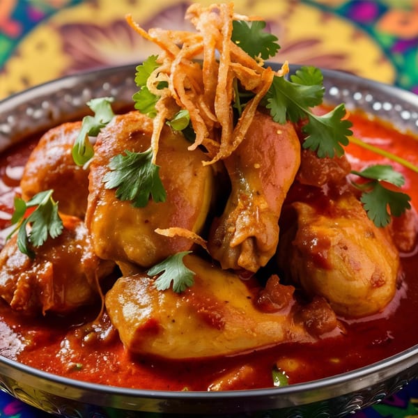Bombay Kitchen's Indian chicken curry, garnished with cilantro and crispy fried onions in a metal bowl.