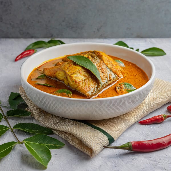Bombay Kitchen's Indian fish curry in a white bowl, garnished with green leaves and red chilies.